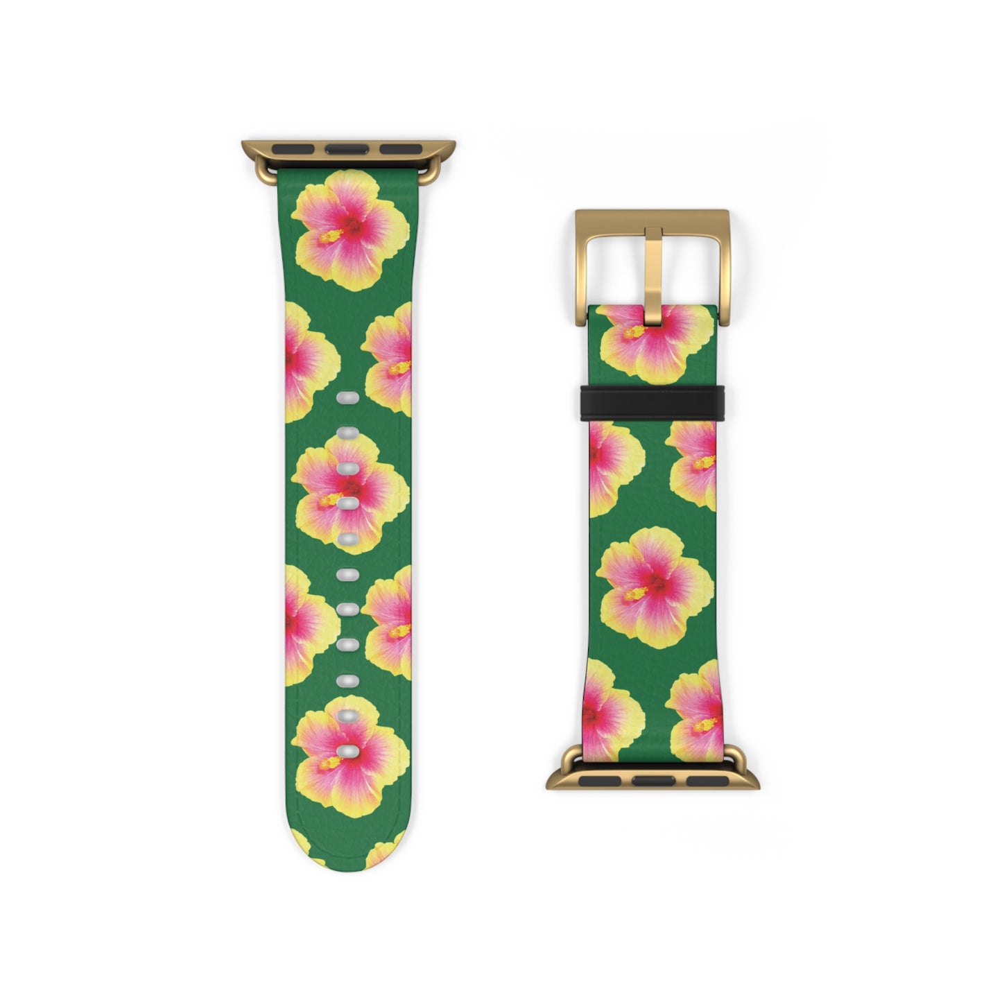 Apple Watch Band - REAL Yellow/Orange Hibiscus Flower, Dark Green