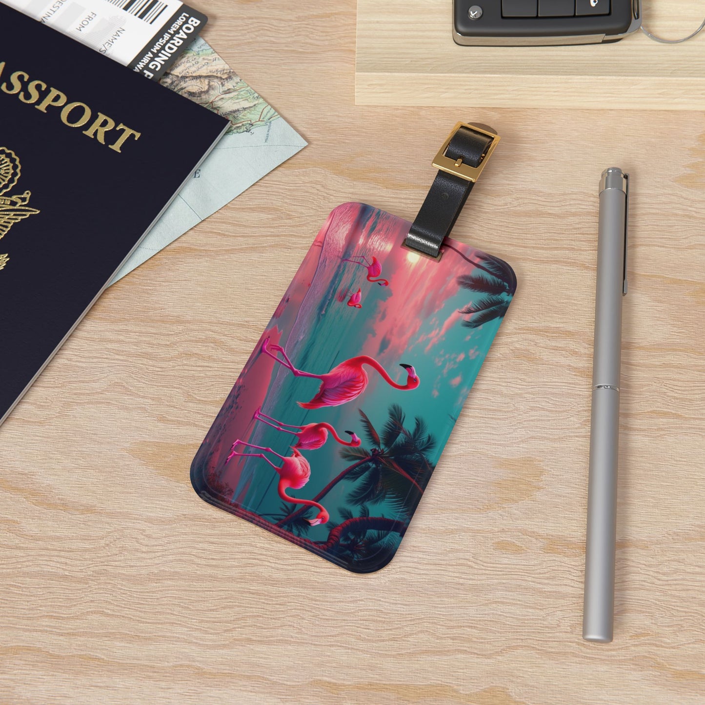 Luggage Tag - Neon Night Flamingos