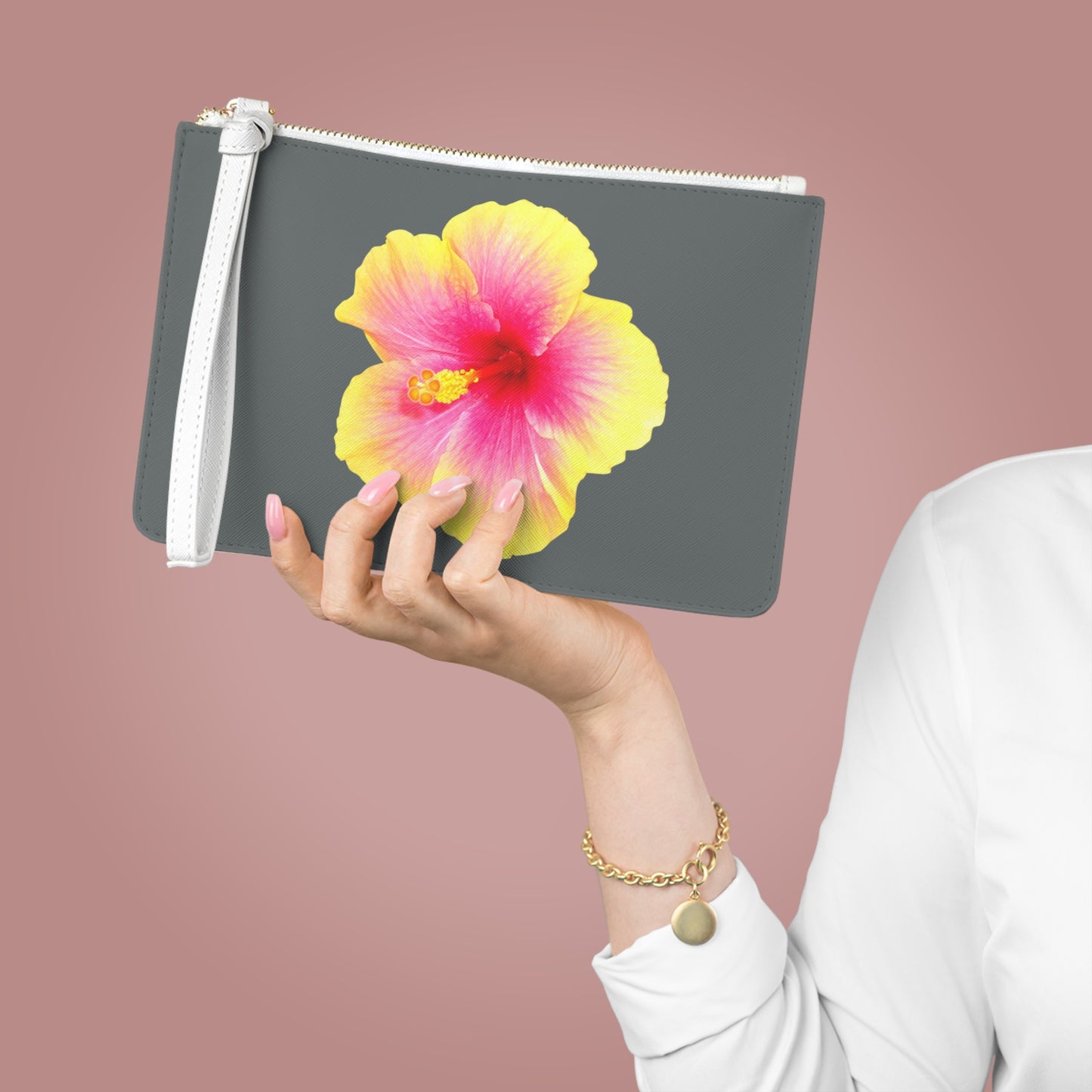 Tropical Faux Leather Clutch Bag - Perfect for Beach Adventures & Summer Vacations / Photo Yellow Hibiscus, Dark Grey