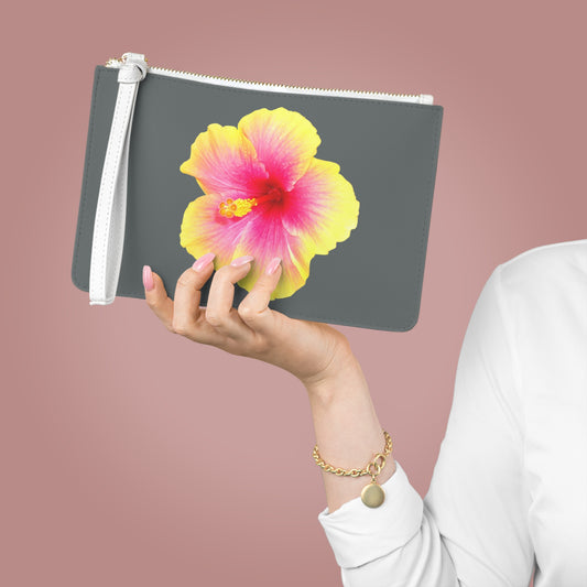 Tropical Faux Leather Clutch Bag - Perfect for Beach Adventures & Summer Vacations / Photo Yellow Hibiscus, Dark Grey