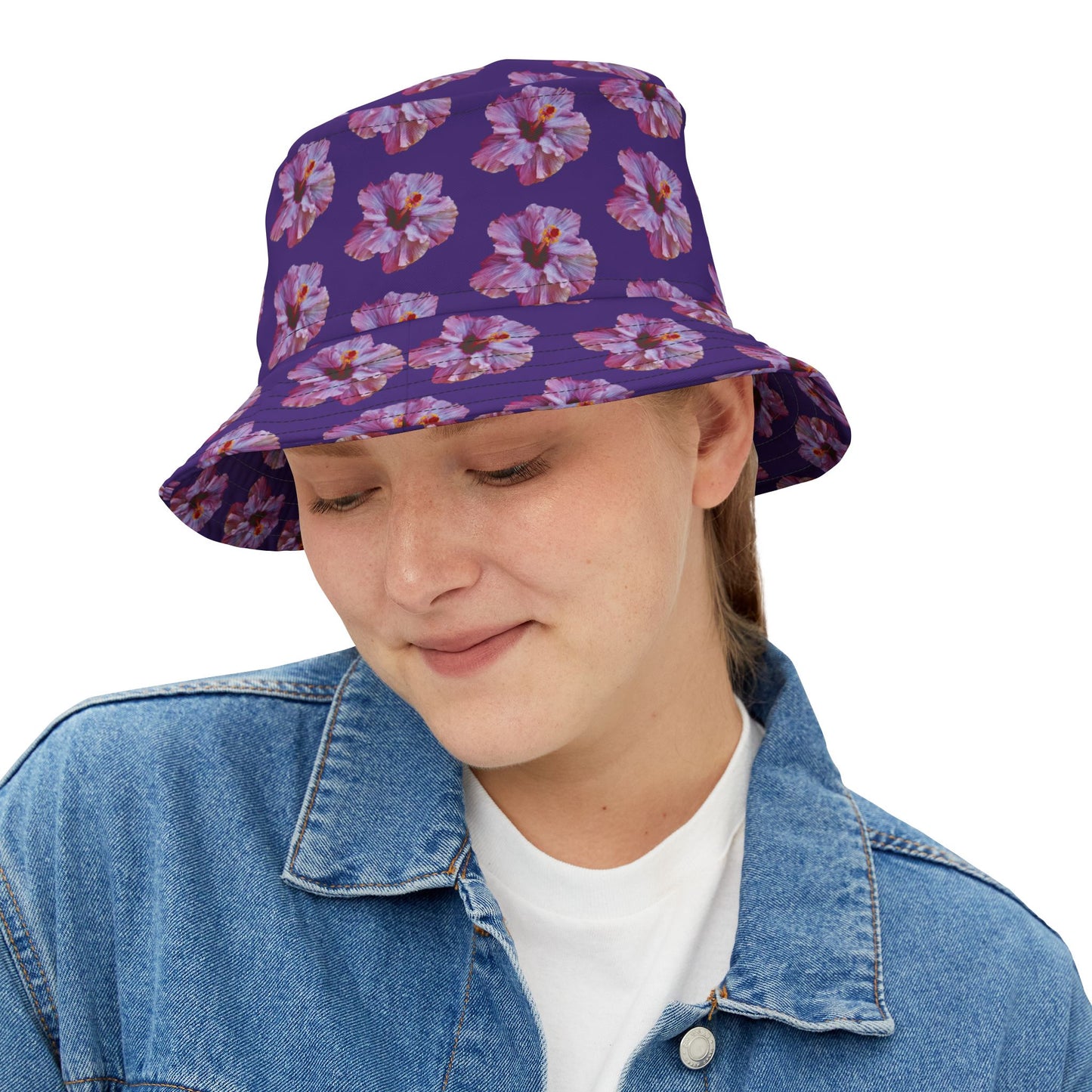 Tropical Polyester Bucket Hat, 2 Sizes - Purple Hibiscus/Purple