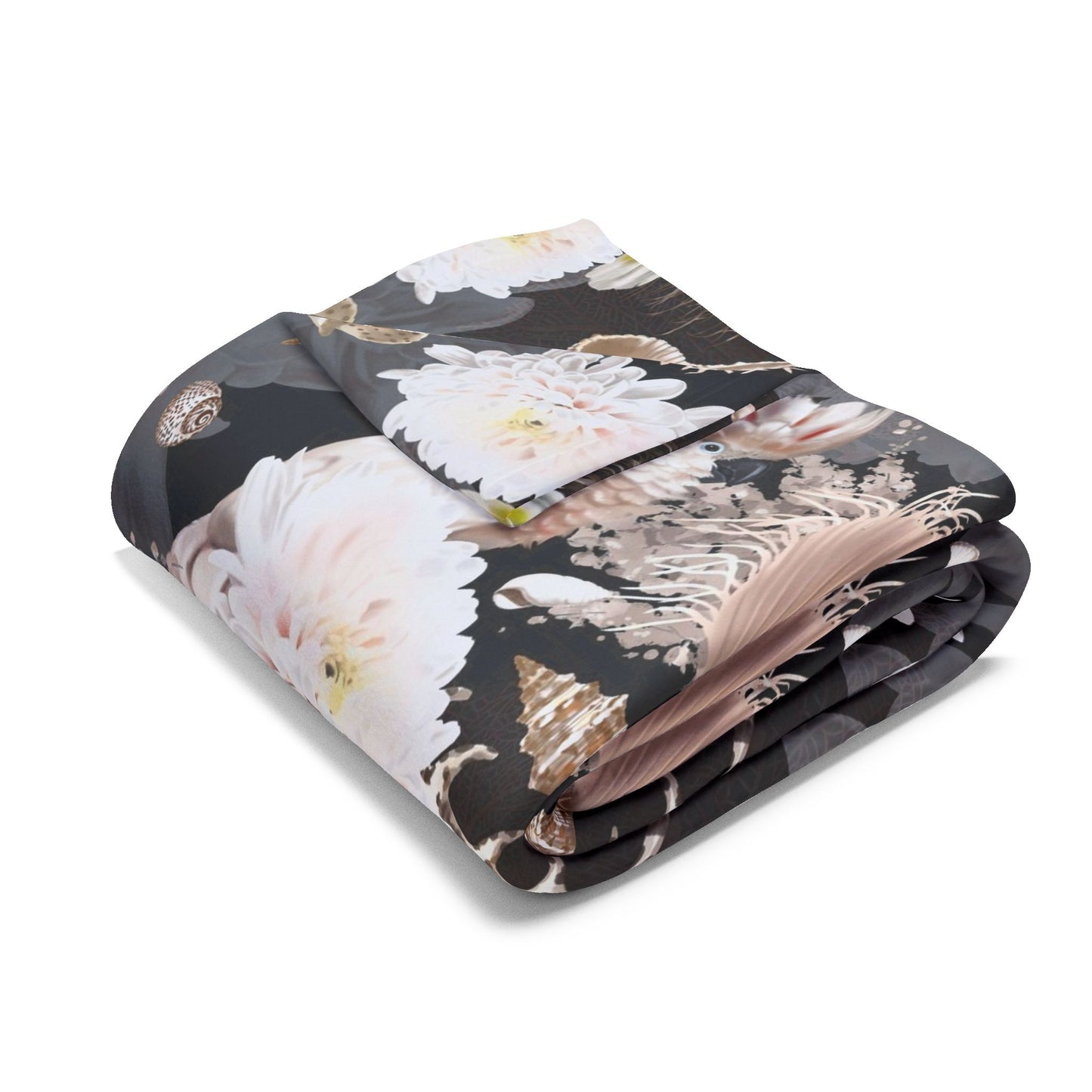 Parrots, Flowers and Seashells Fleece Blanket - Neutrals Tropical Design