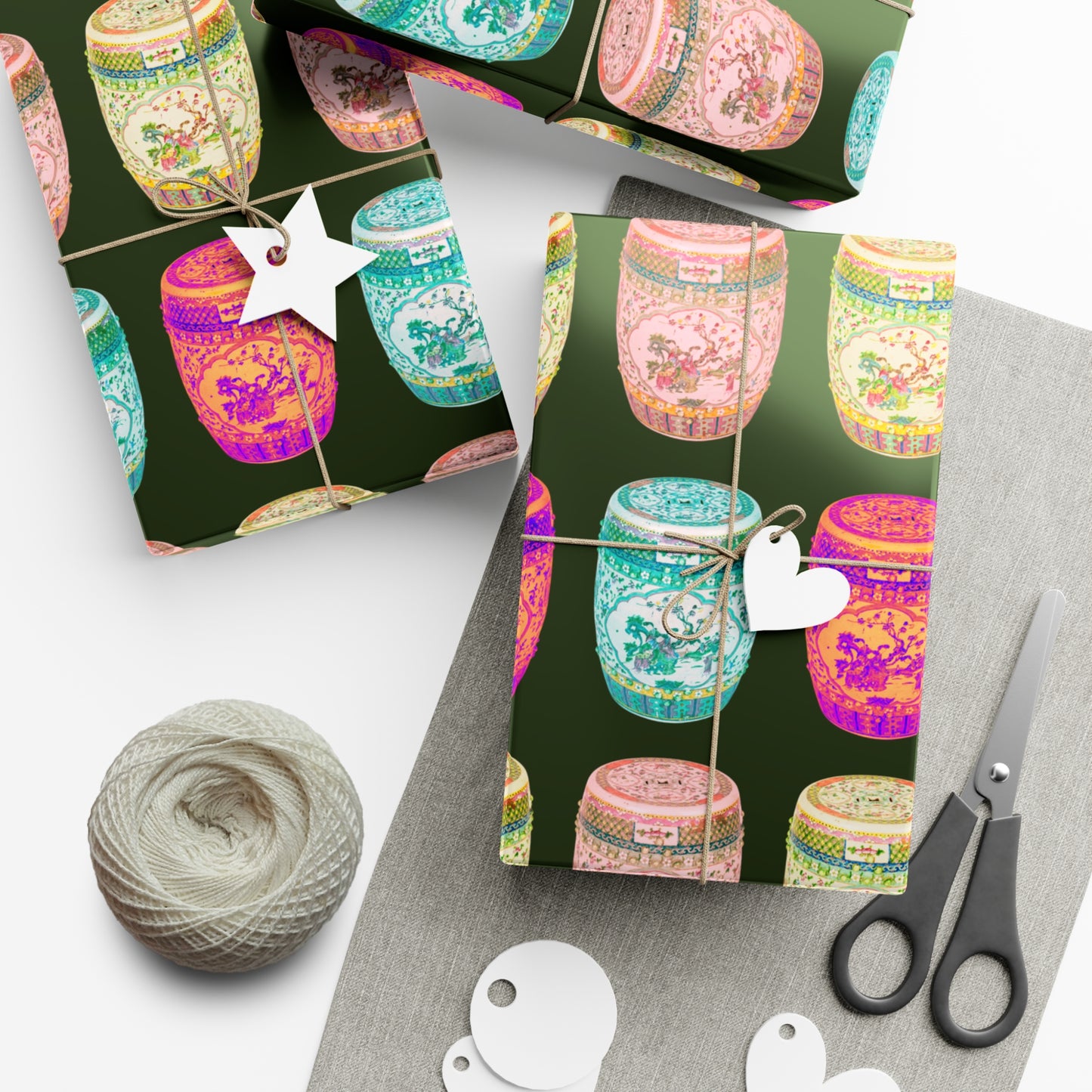 Wrapping Paper - Tropical Gift Wrap for All Occasions / 3 Sizes, 2 Finishes / Pop Art Porcelain Stools, Black