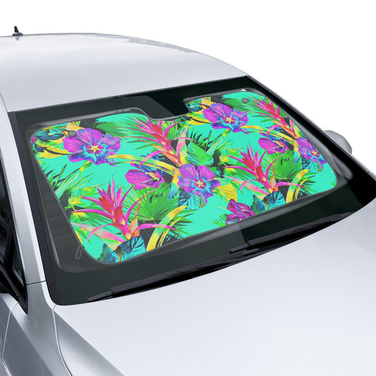 Tropical Floral Car Sun Shades / Plant Palooza, Turquoise