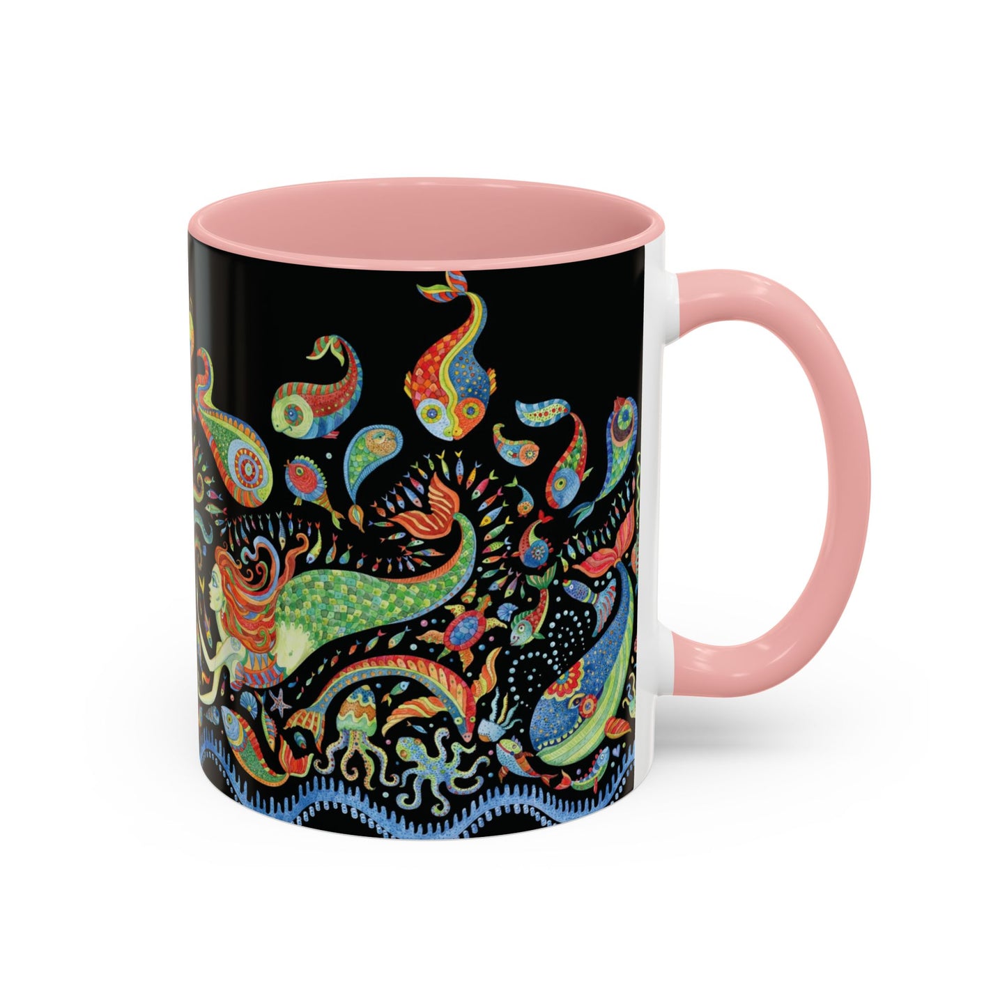 Mermaid Kingdom/Black, Coffee Mug, 8 Colors - Fun Tropical Drinkware for Beach Vibes