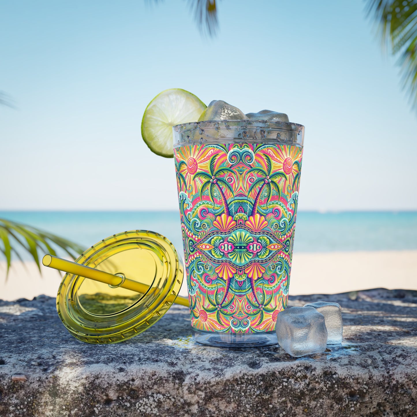 Tropical Tumbler with Straw | 16oz Colorful Travel Cup / Kaleido Bay