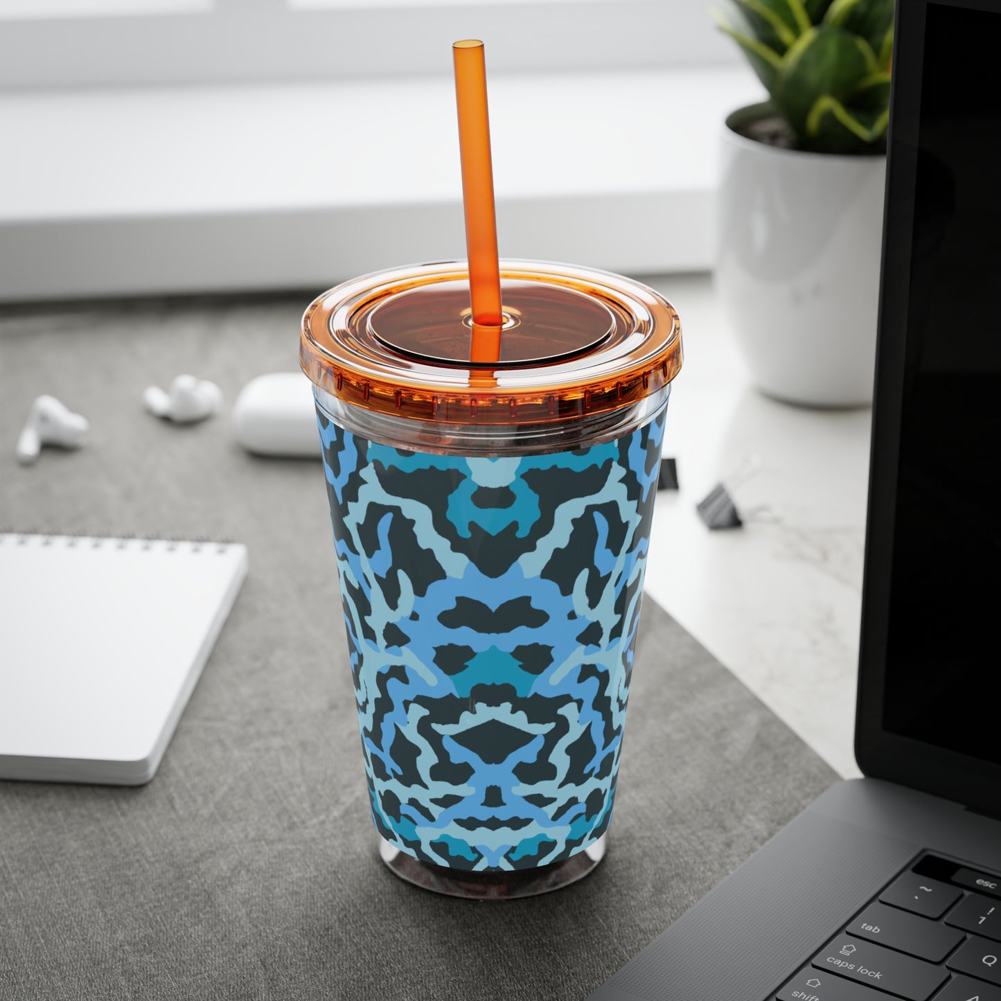 Tropical Tumbler with Straw | 16oz Colorful Travel Cup / Coral Threads, Blue