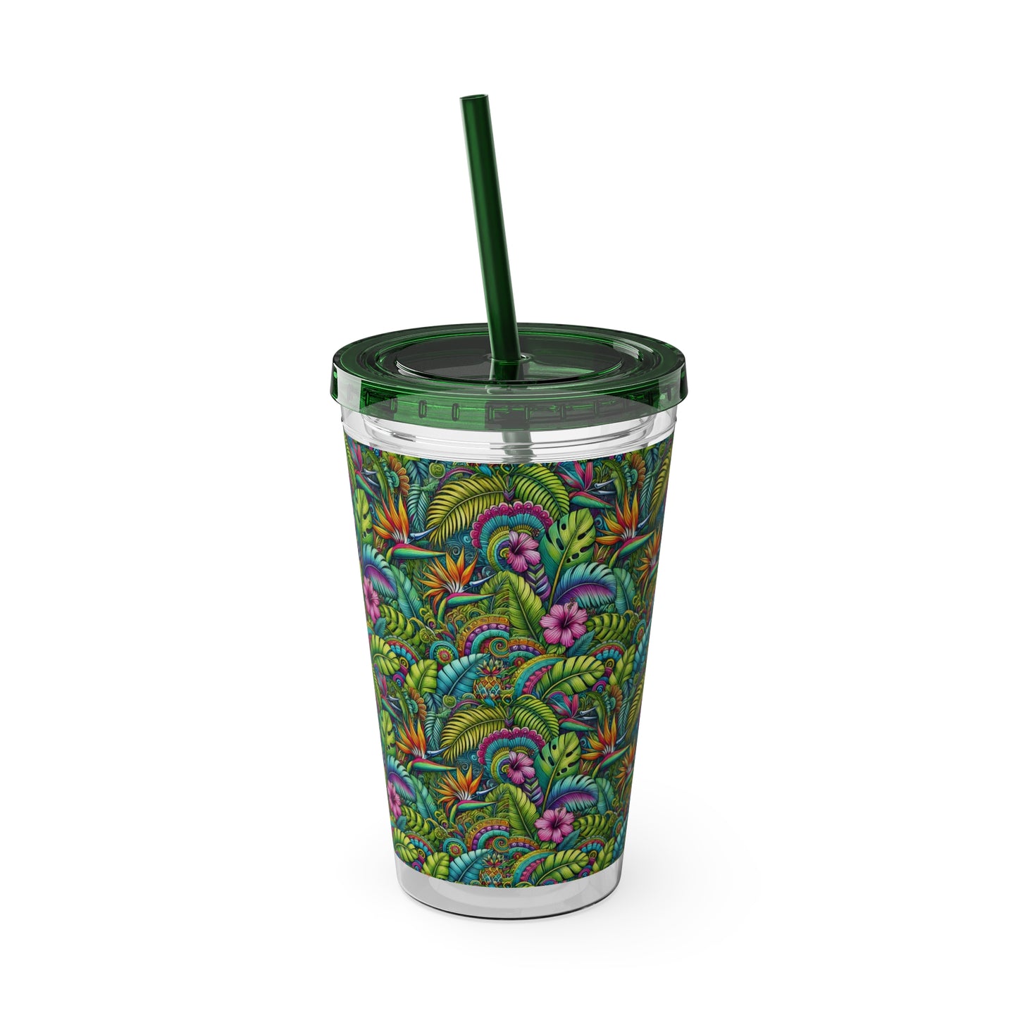 Tropical Tumbler with Straw | 16oz Colorful Travel Cup / Rainforest Blooms