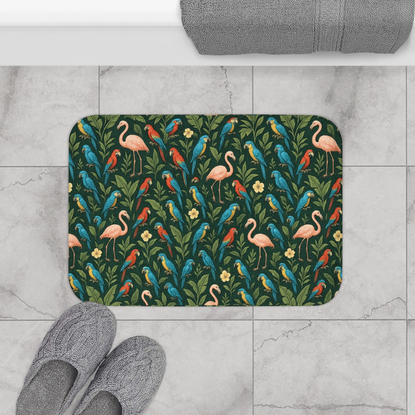 Flamingos and Parrots Bath Mat, 2 Sizes - Tropical Vibes for Home Decor