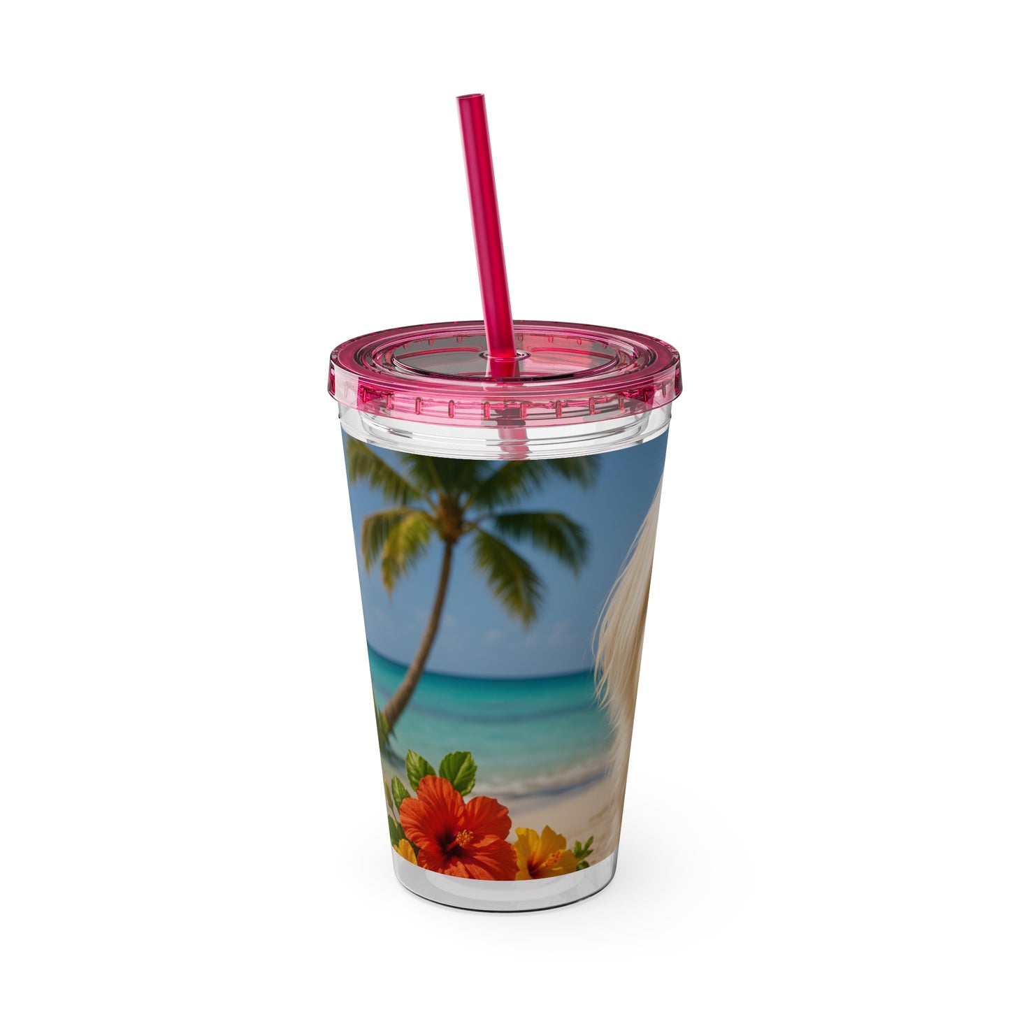 Tropical Tumbler with Straw | 16oz Colorful Travel Cup / Puppy Ariel at the Beach
