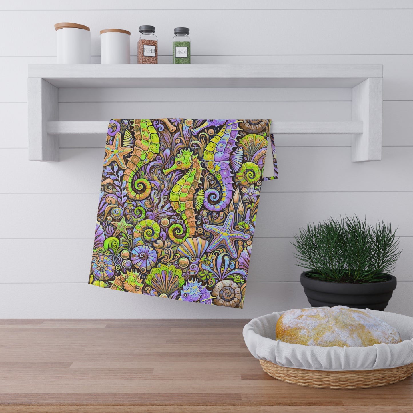 Tea Towels (cotton, poly), Seahorse Trio, Yellow and Purple