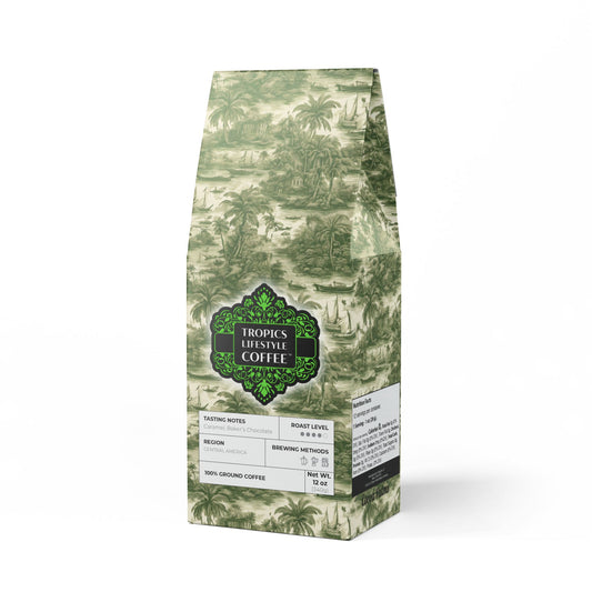Cocoa Palms Blend™ (Medium-Dark Roast) Specialty Grade Craft Coffee / Tropical Toile, Evergreen