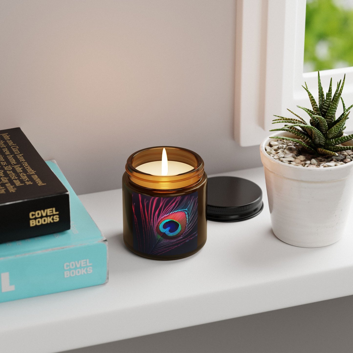 Soy Candle in Amber Jar - Multi-Size / Peacock Eye Feather, Magenta