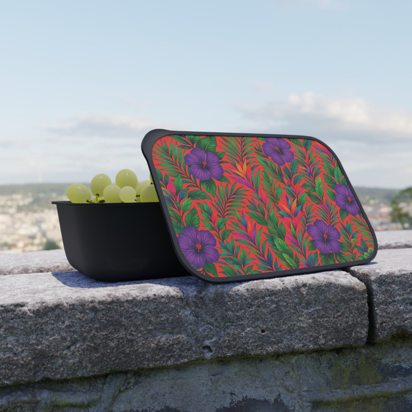 Bento Box with Utensils - Midnight Flower Coral