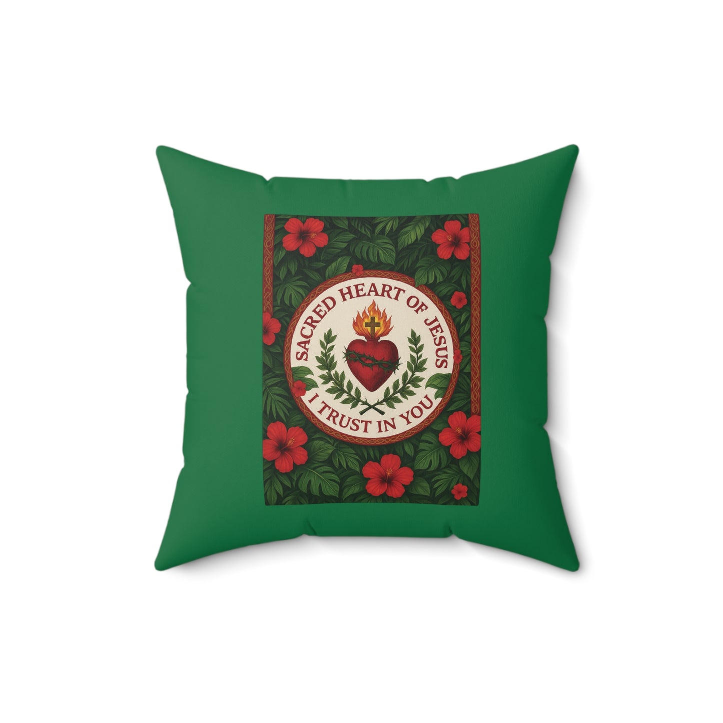 Religious Decorative Pillow - Accent Cushion, 4 Sizes / Sacred Heart of Jesus Prayer, Dark Green