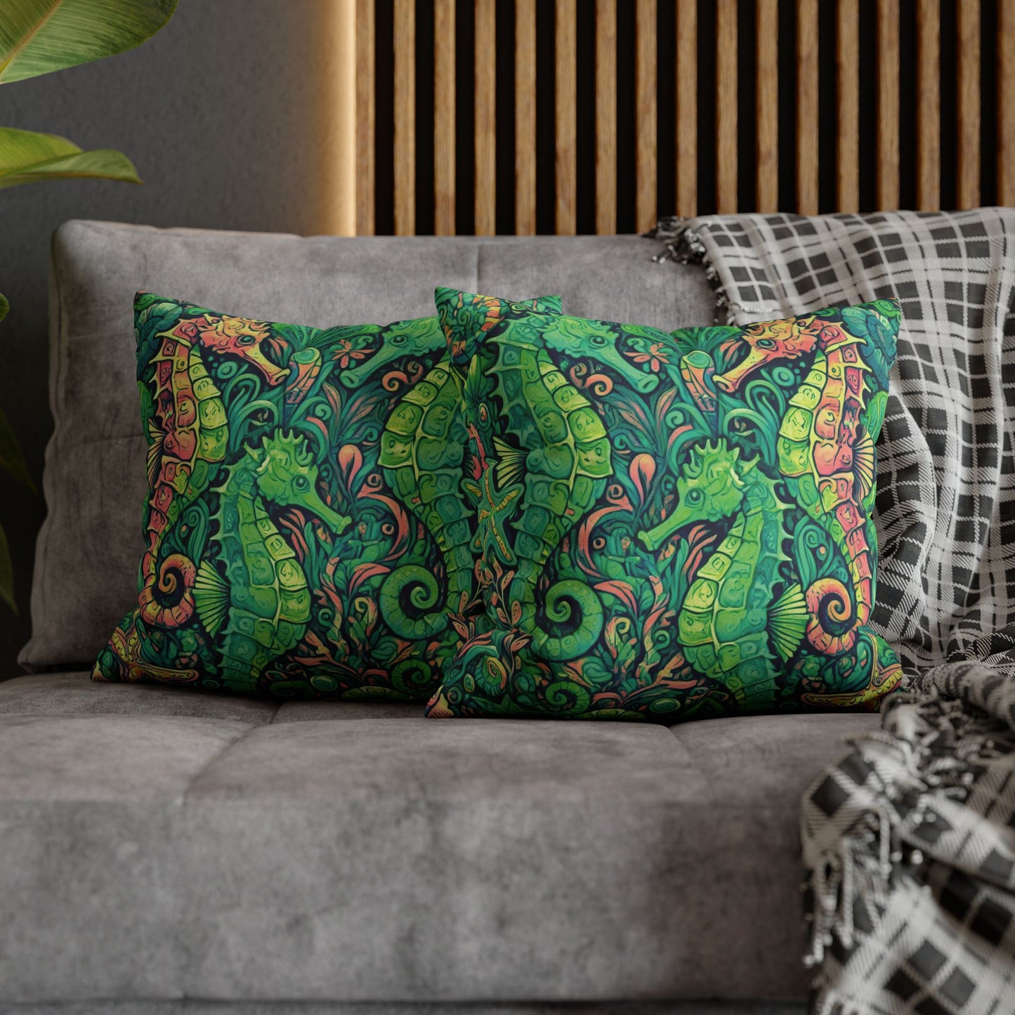 Faux Suede Square Pillowcase - Seahorse Trio/Hot Lime