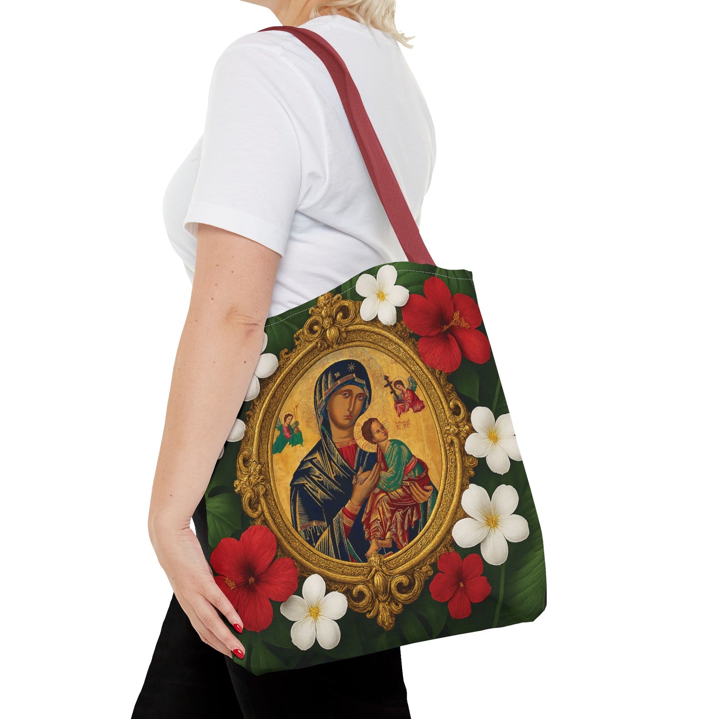 Religious Art Polyester Tote Bag, 3 Sizes / Our Lady of Perpetual Help, Red Flowers
