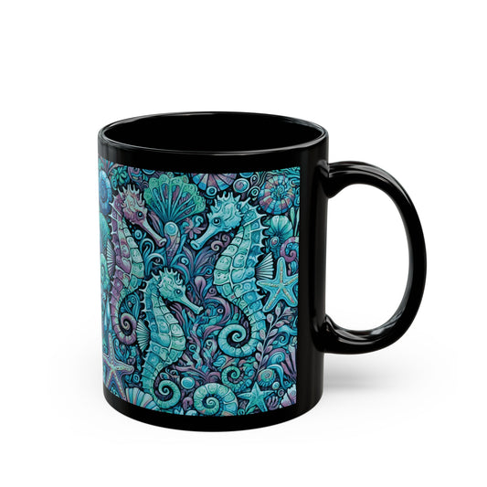 Black Coffee Mug - Seahorse Party, Turquoise