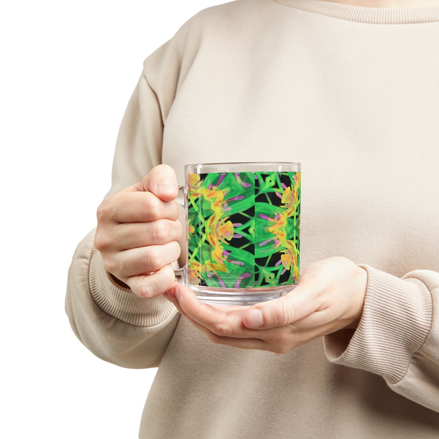 Tropical Glass Mug - 10oz Coffee Cup / Kaleido Orange Orchid