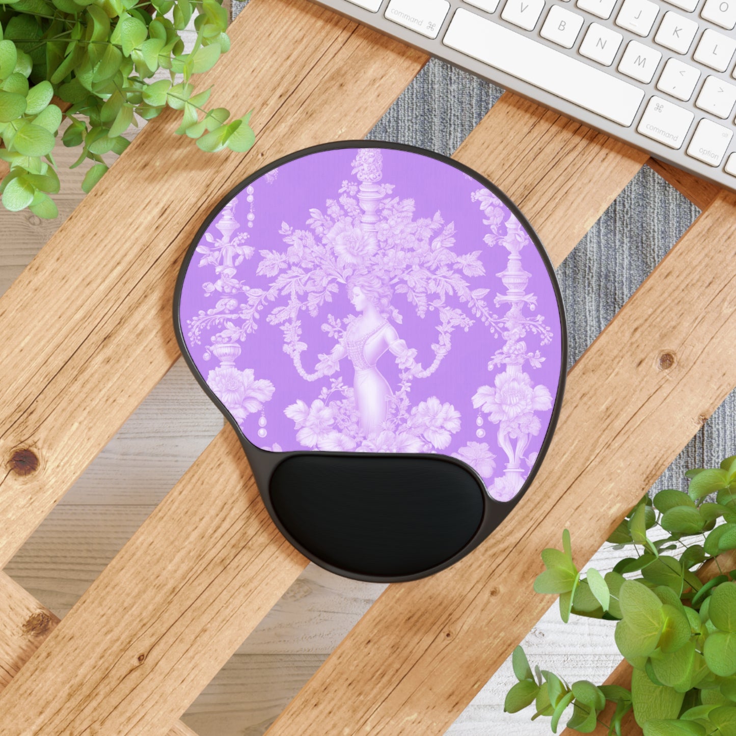 Mouse Pad With Wrist Rest, Pearl Lady Toile, Lavender