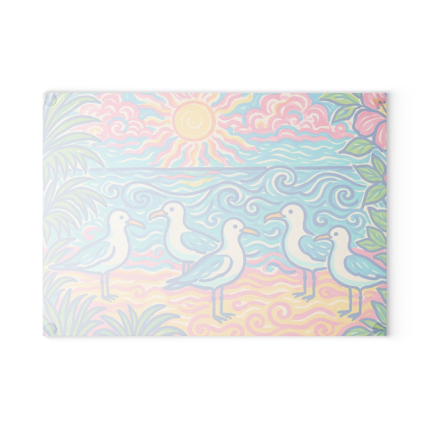 Glass Cutting Board, 2 sizes - Tropical Beach Seagulls