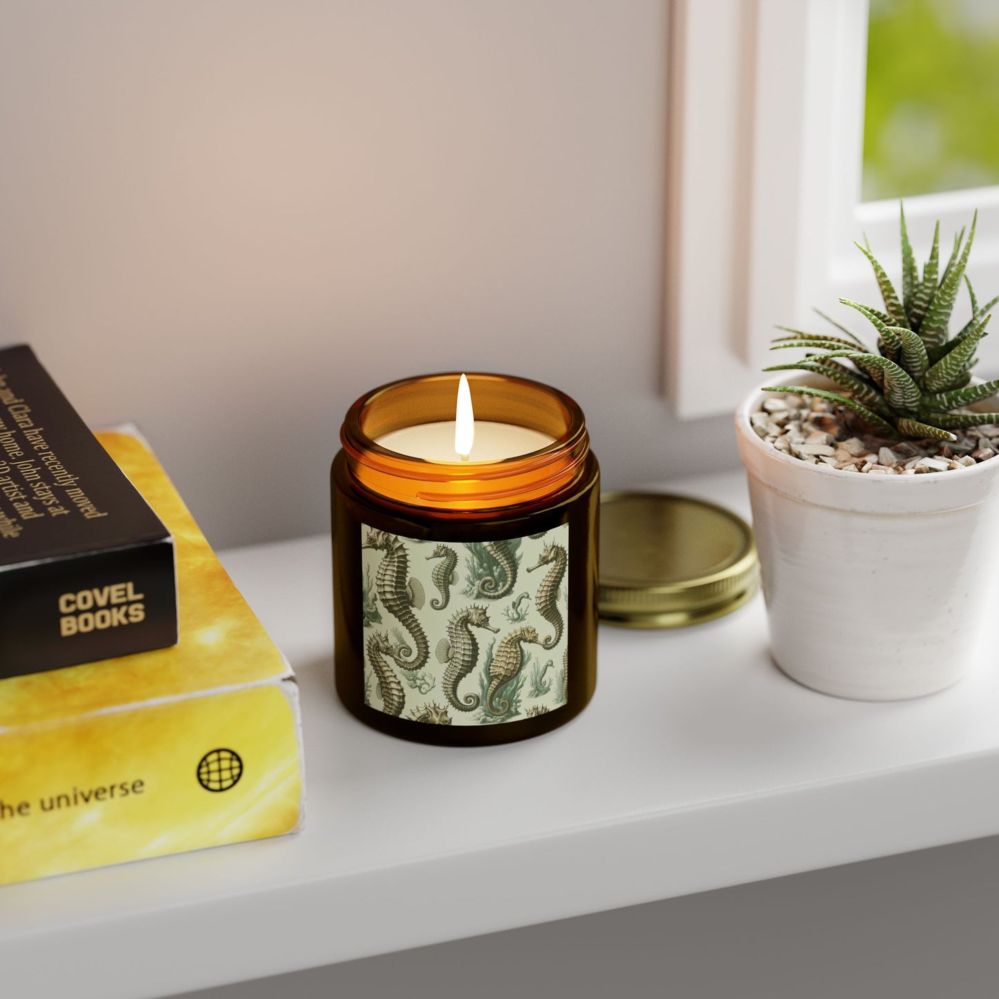 Tropical Green Toile Seahorses Scented Candles - Coconut Apricot Wax (4oz, 9oz)