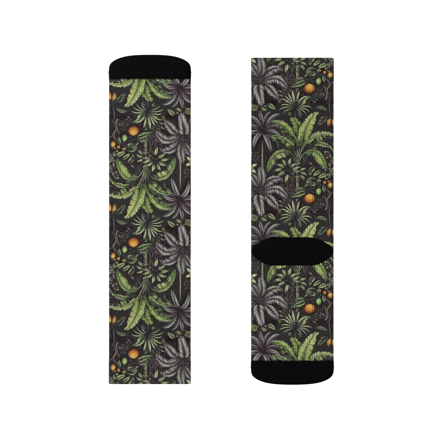 Tropical Fruit/Black Sublimation Fleece-Lined Socks - Colorful Palm Tree Design