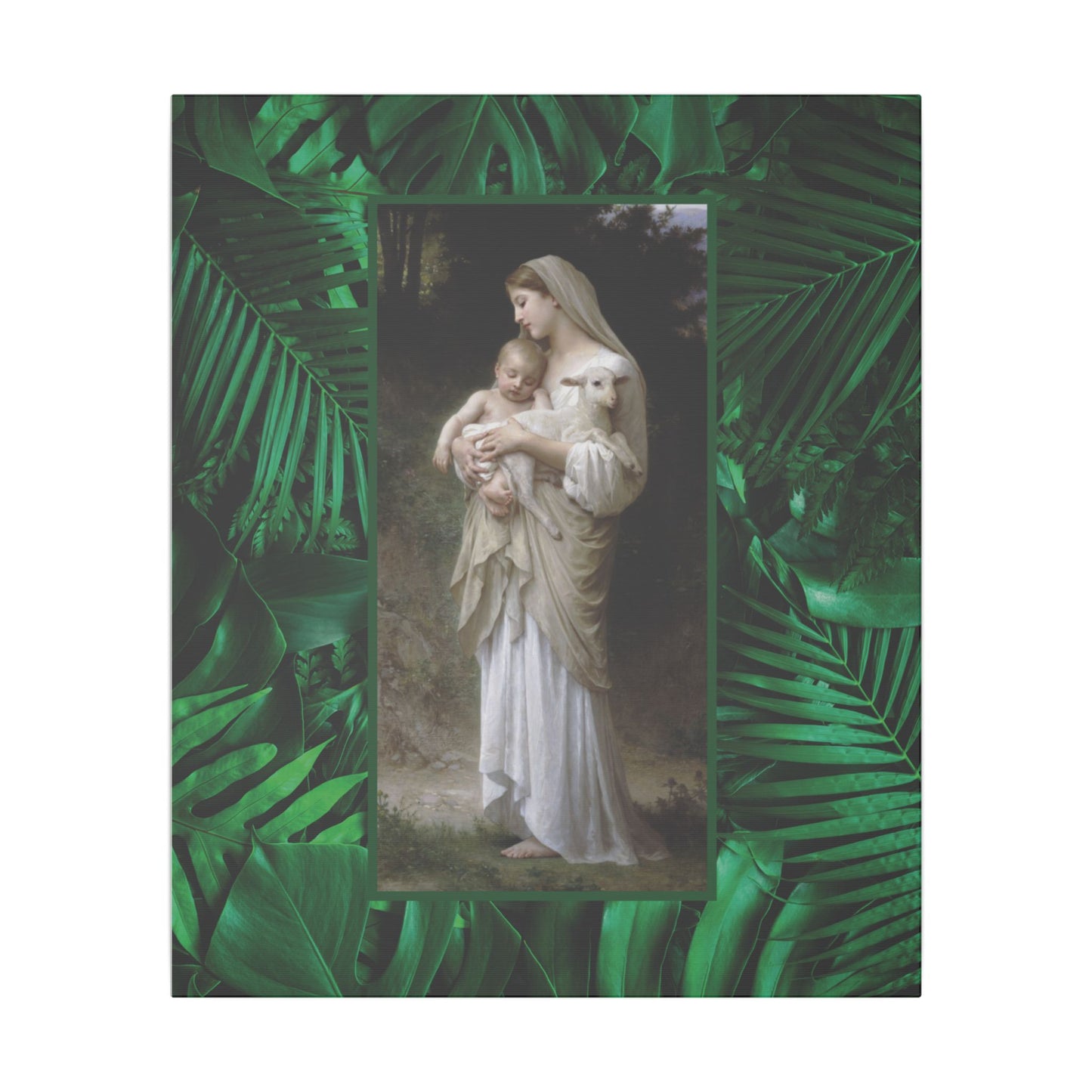 "Tropical Rainforest Innocence" Religious Canvas Artwork - Stretched Canvas Print / Virgin Mary & Jesus