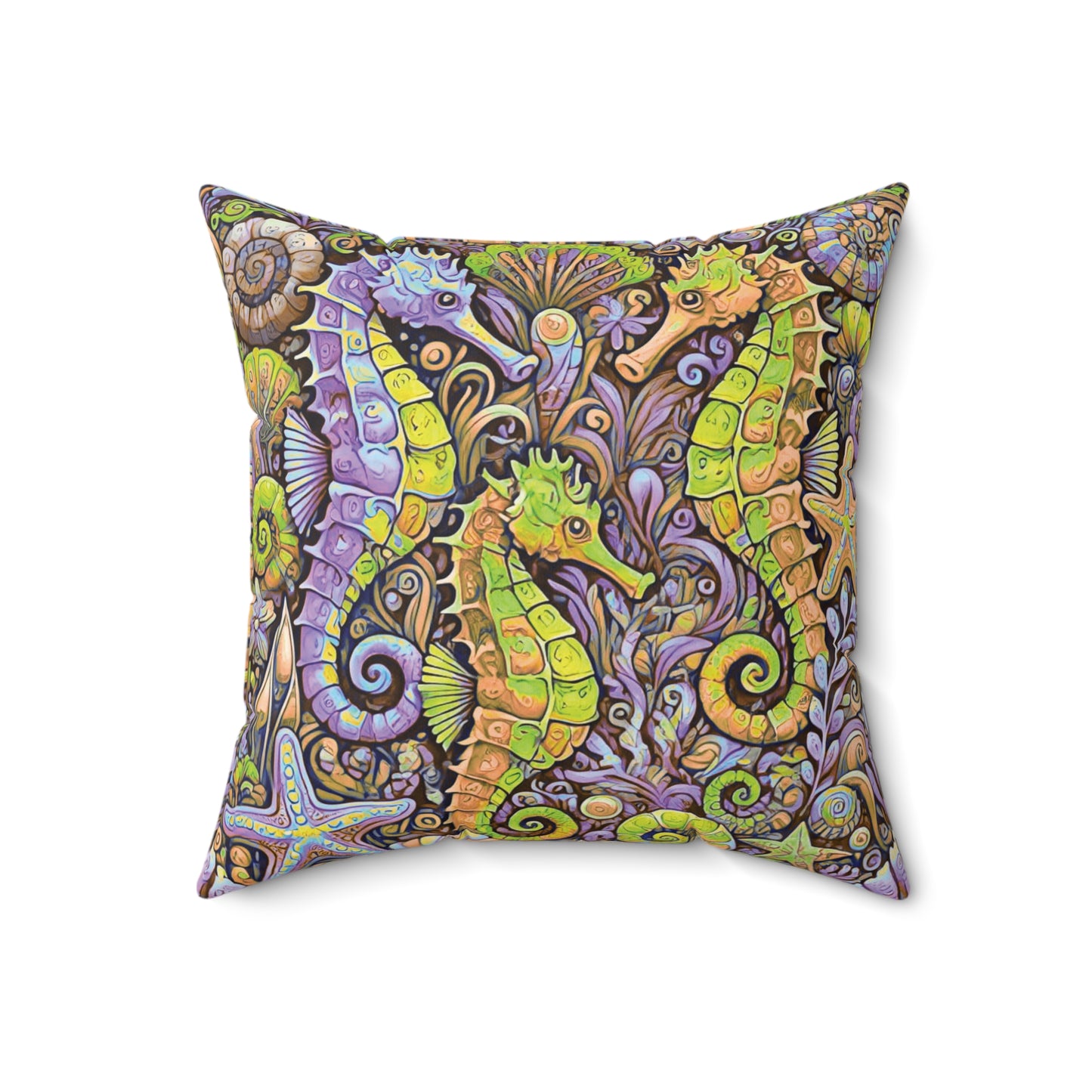 Decorative Pillow - Accent Cushion, 4 Sizes / Seahorse Trio, Yellow and Purple