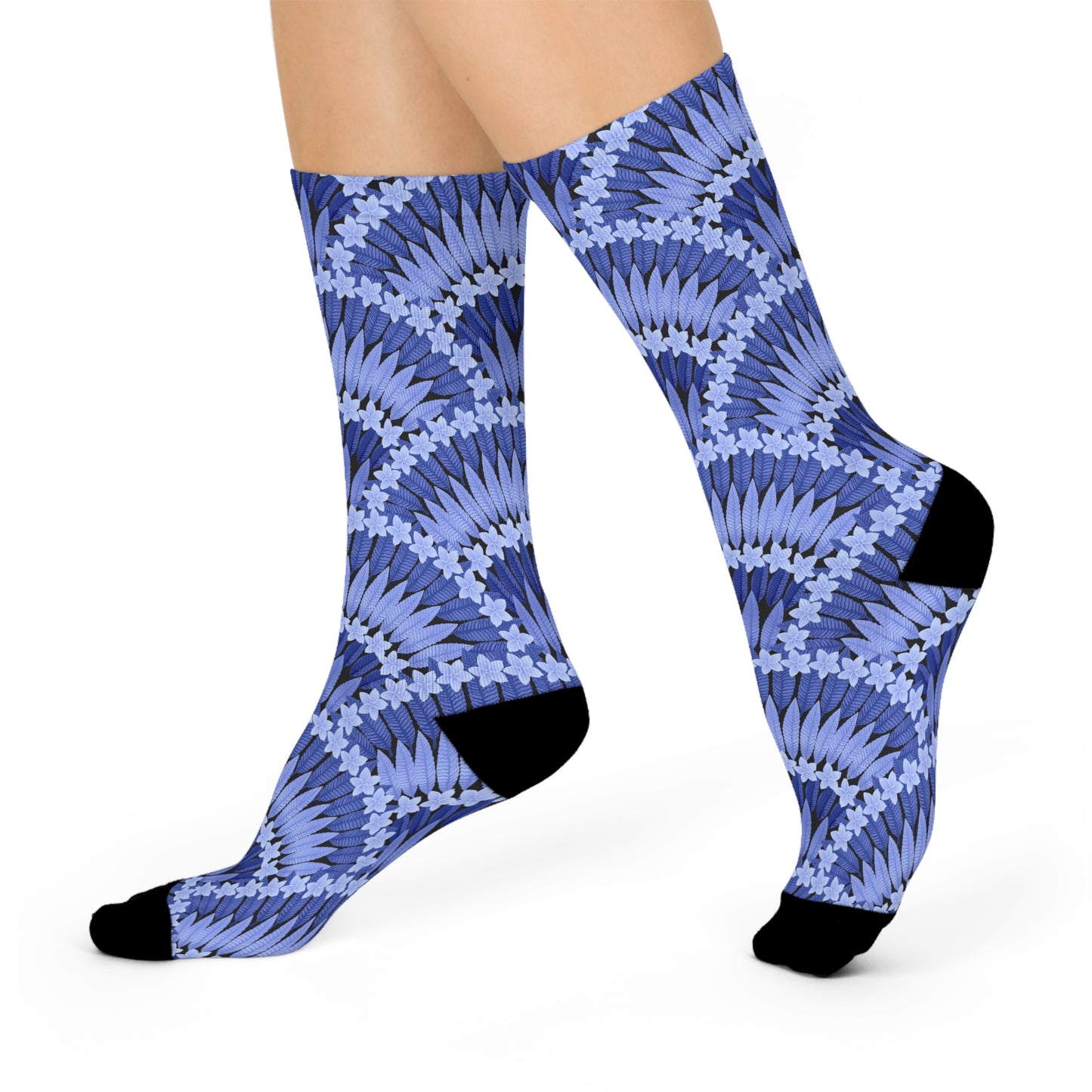 Cushioned Crew Socks - Plumeria and Palms, Blue