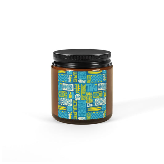 Scented Soy Candle (Multi-Size, Amber Jar) - Tiki Poster Blue