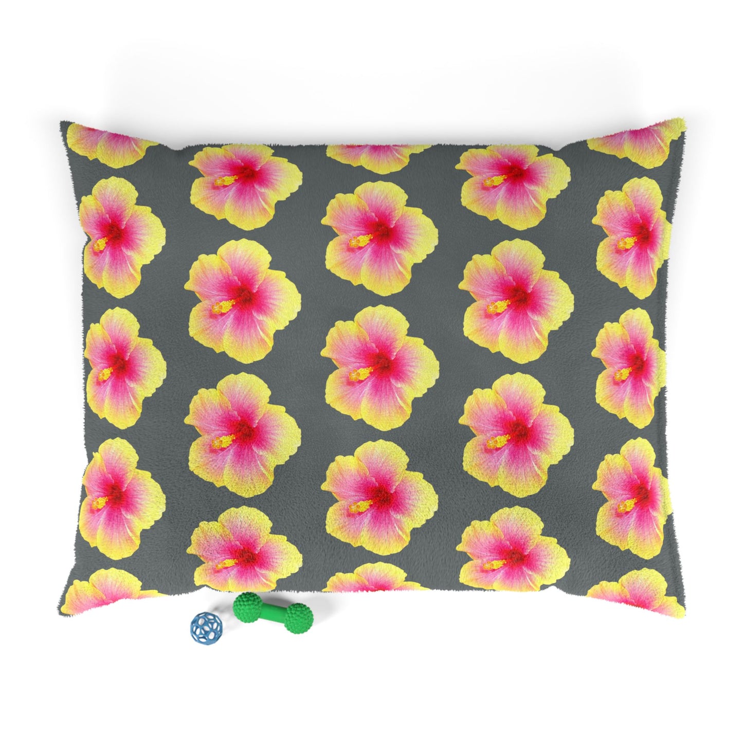 Pet Bed - Cozy and Fun Dog or Cat Bed for Beach Lovers / Real Yellow & Pink Hibiscus/Dark Grey