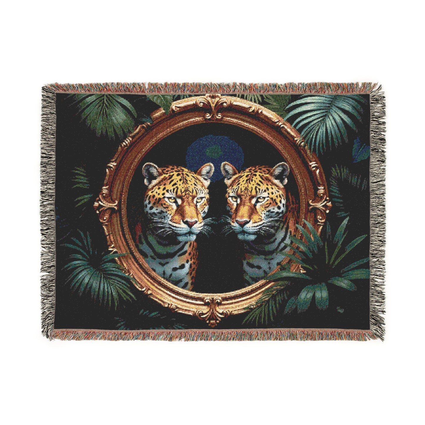 Woven Blanket, 3 Sizes - Tropical Home Decor / Rainforest Framed Two Jaguars