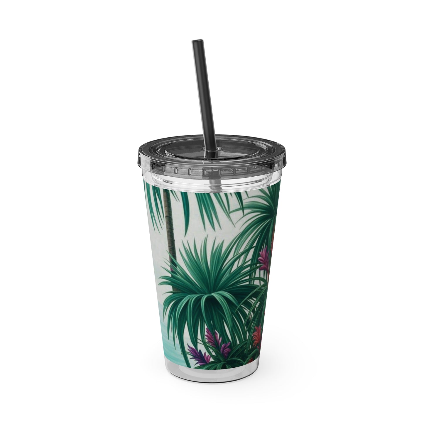 Tropical Tumbler with Straw | 16oz Colorful Travel Cup / Tiny Palm Island