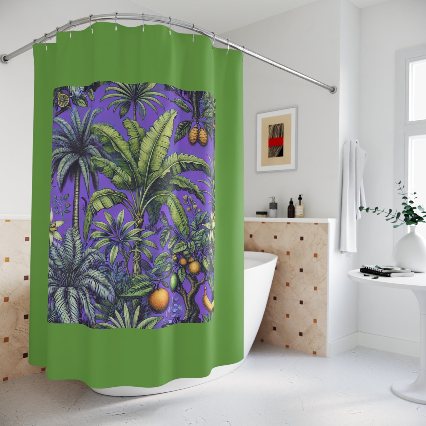 Palm Tree Shower Curtain - Ocean Bathroom Decor / Tropical Fruit/Purple, Green