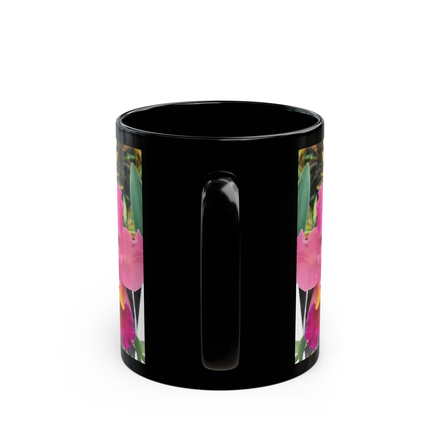 Black Coffee Mug - Triple Pink Orchids