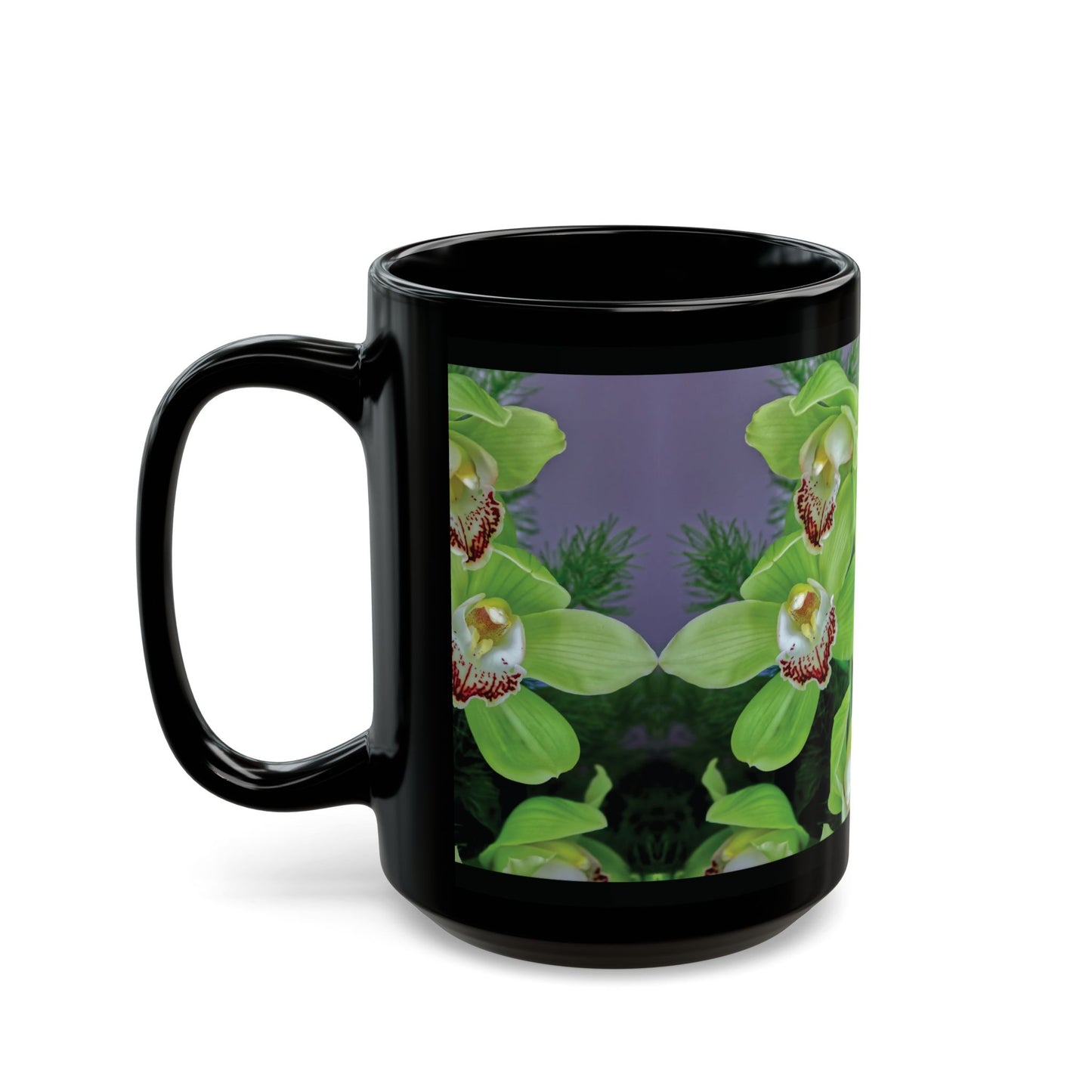 Black Coffee Mug - Kaleido Green Orchids