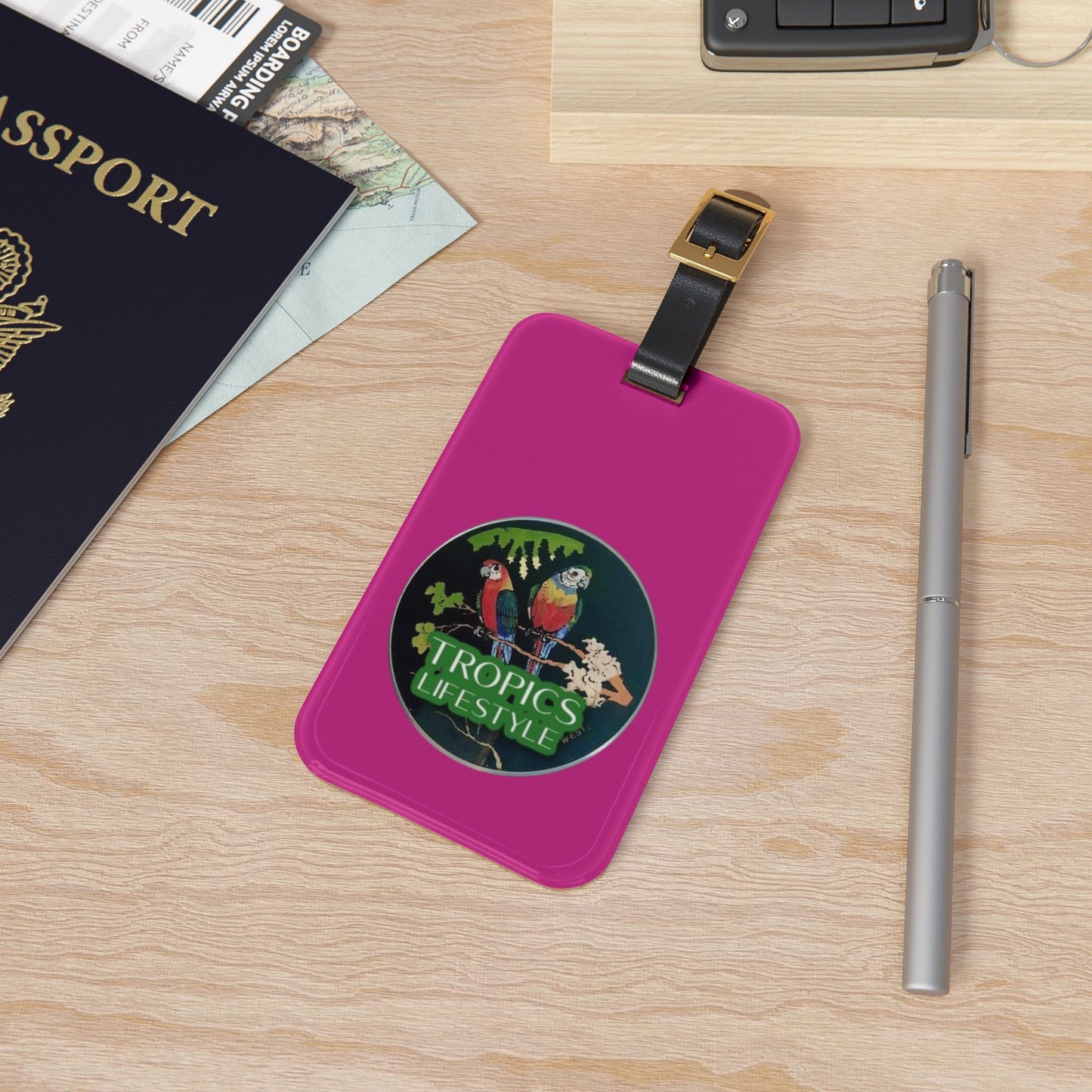 Luggage Tag - Two Brazilian Parrots, pink