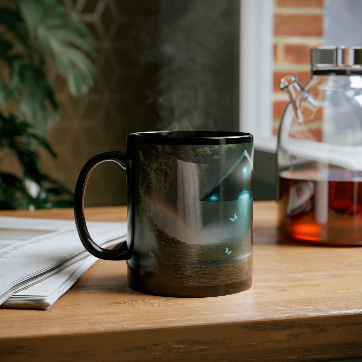 Black Coffee Mug - UFO and Waterfall