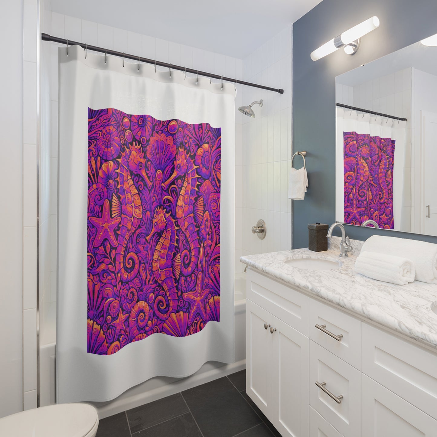 Tropical Shower Curtain - Ocean Bathroom Decor / Seahorse Trio Heatwave/White