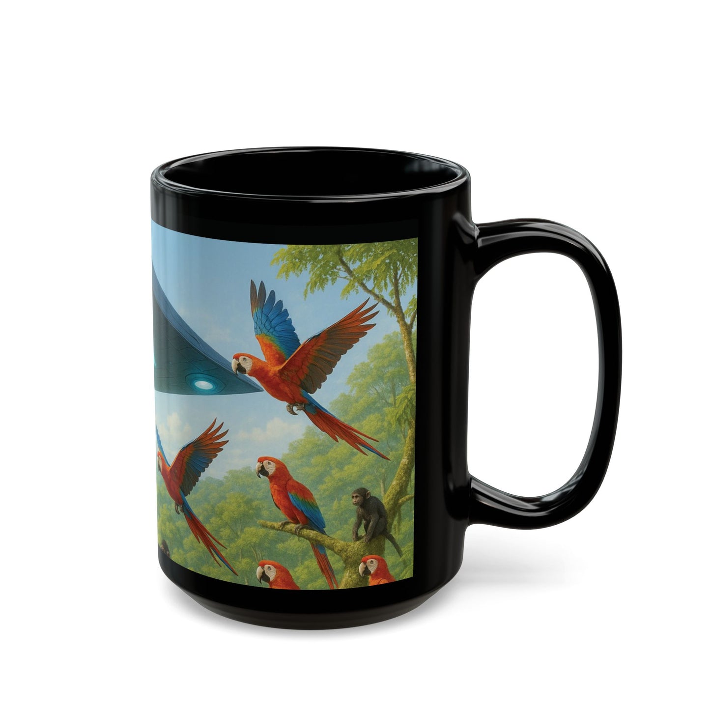 Black Coffee Mug - UFO and Macaws, Full View