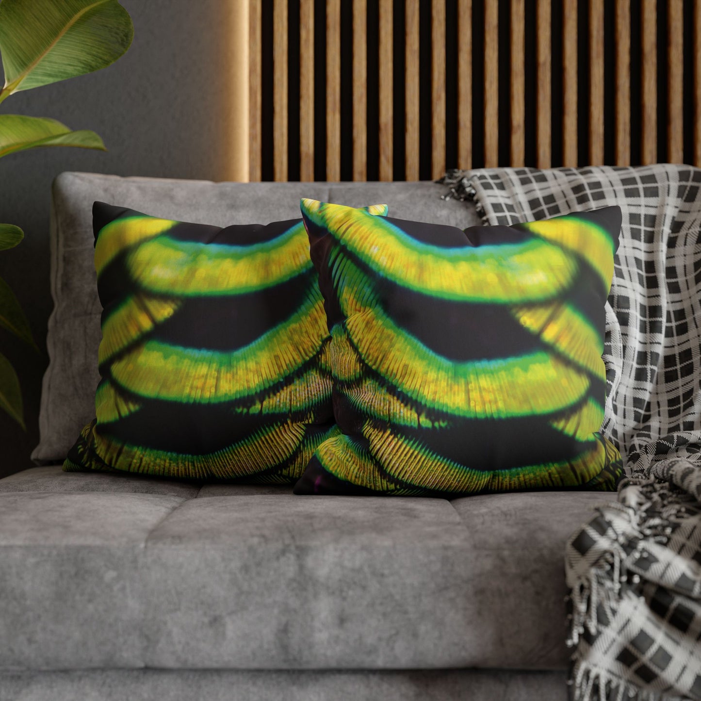 Faux Suede Square Pillowcase - Yellow Peacock Feathers