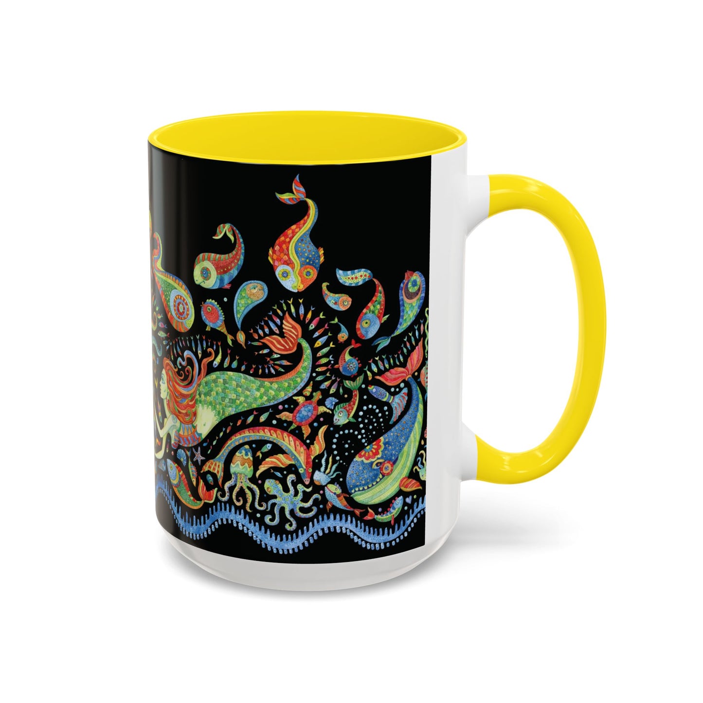 Mermaid Kingdom/Black, Coffee Mug, 8 Colors - Fun Tropical Drinkware for Beach Vibes