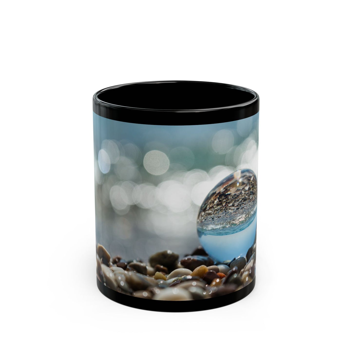 Black Mug (11oz, 15oz), Crystal Ball on Pebbled Beach