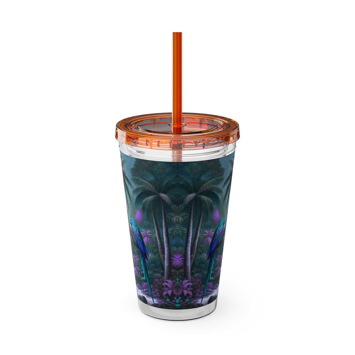 Tropical Tumbler with Straw | 16oz Colorful Travel Cup / Sleeping Parrot/Fantasy