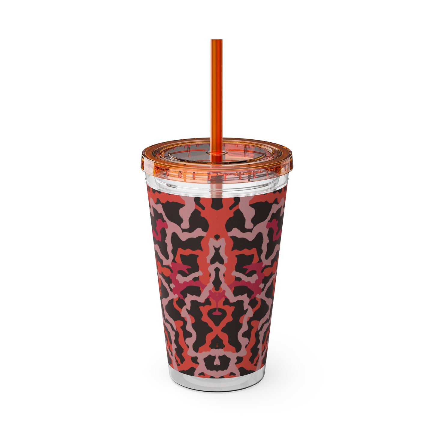 Tropical Tumbler with Straw | 16oz Colorful Travel Cup / Coral Threads, Red