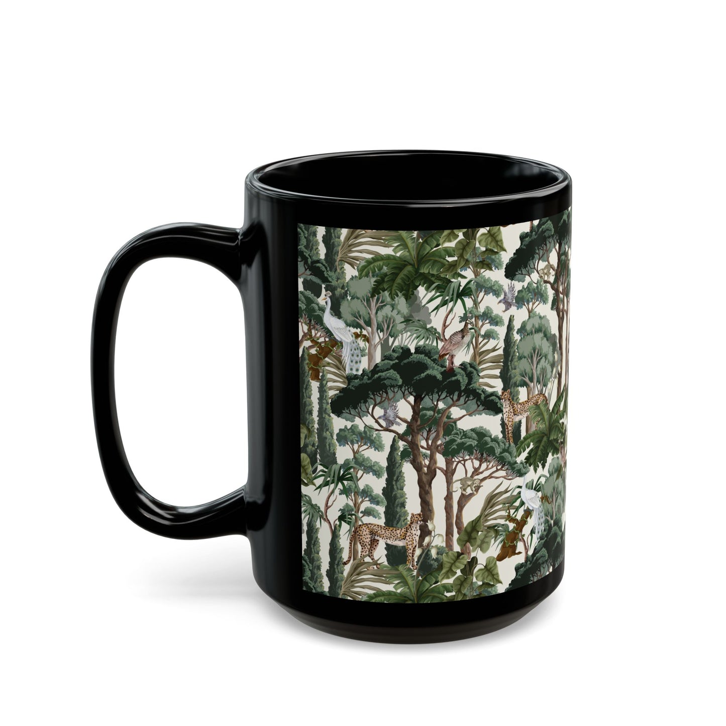 Black Mug (11oz, 15oz), Hiding Peacocks, White