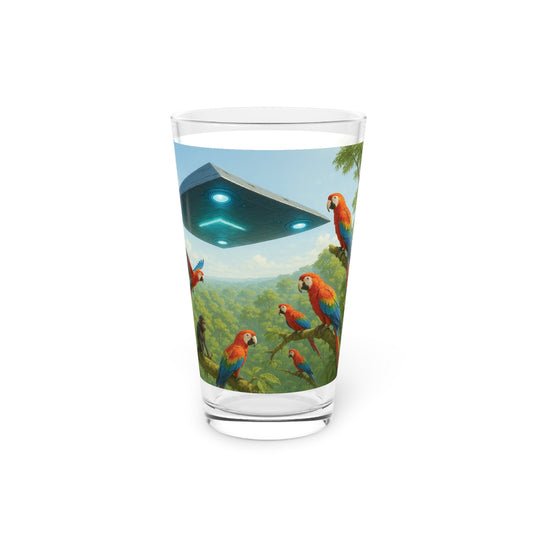 Pint Glass, 16oz - UFO and Macaws in Rainforest