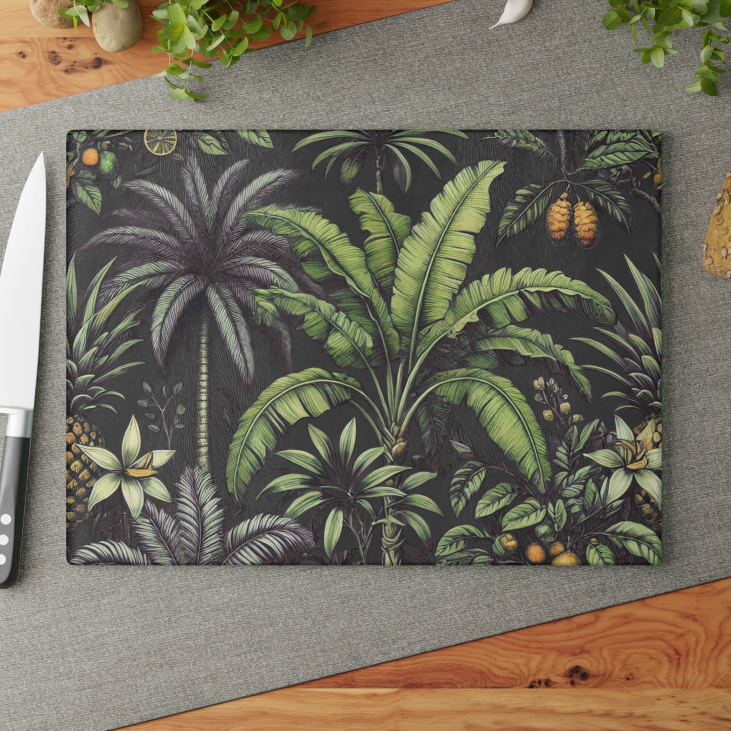 Glass Cutting Board, 2 sizes - Tropical Fruit, Black