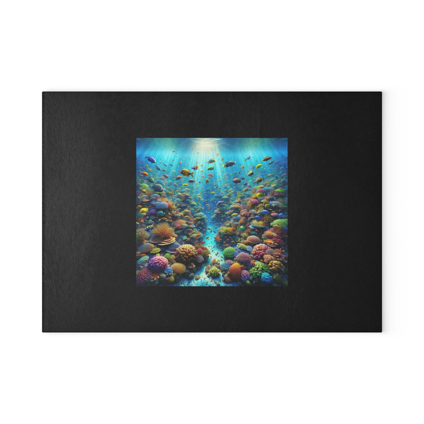 Glass Cutting Board, 2 sizes - Busy Coral Reef/Black